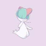  artist_name closed_mouth colored_skin commentary_request green_hair highres iwasi_29 pokemon pokemon_(creature) purple_background ralts simple_background smile twitter_username white_skin 
