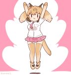  1girl animal_ears arms_up brown_hair cat_ears cat_girl cat_tail coroha elbow_gloves extra_ears full_body gloves jumping kemono_friends kemono_friends_3 long_hair looking_at_viewer necktie pink_background puma_(kemono_friends) shirt shoes simple_background skirt solo tail thigh-highs twintails 