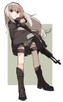  1girl amonitto an-94 an-94_(girls&#039;_frontline) assault_rifle black_coat black_eyes black_footwear boots closed_mouth coat coat_on_shoulders floating_hair girls_frontline gloves grey_hair gun holding holding_gun holding_weapon jacket jacket_on_shoulders long_hair looking_at_viewer respirator rifle shorts sidelocks solo standing thigh_strap weapon white_shorts wind 