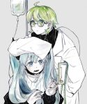 2girls absurdres black_nails food fruit glasses gumi hand_on_another&#039;s_head hatsune_miku highres intravenous_drip lab_coat mask mouth_mask multiple_girls neulbaram open_mouth saliva sharp_teeth simple_background slow_downer_(vocaloid) strawberry teeth vocaloid watercolor_effect 