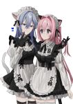 2girls alternate_costume animal_ear_fluff animal_ears apron black_dress blue_eyes brown_thighhighs cat_ears cat_girl cat_tail chihuri closed_mouth collared_shirt commentary_request dress dress_shirt ende_(chihuri) enmaided frilled_apron frills grey_hair hair_between_eyes hair_intakes hand_in_another&#039;s_hair heart highres juliet_sleeves long_hair long_sleeves maid maid_headdress multiple_girls nea_(chihuri) original pink_hair puffy_sleeves shirt simple_background sleeveless sleeveless_dress smile tail thigh-highs very_long_hair violet_eyes waist_apron white_apron white_background white_shirt white_thighhighs yuri 
