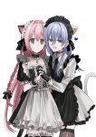  2girls :d alternate_costume animal_ears apron black_apron black_dress black_gloves black_necktie black_thighhighs blue_eyes blue_hair brown_thighhighs cat_ears cat_girl cat_tail chihuri closed_mouth collarbone collared_shirt commentary_request dress earrings ende_(chihuri) enmaided frilled_apron frilled_thighhighs frills garter_straps gloves hair_between_eyes hair_intakes heart highres holding_hands interlocked_fingers jewelry juliet_sleeves long_hair long_sleeves maid maid_headdress multiple_girls nea_(chihuri) necktie original pink_hair puffy_long_sleeves puffy_short_sleeves puffy_sleeves shirt short_sleeves simple_background skirt smile stud_earrings tail thigh-highs very_long_hair violet_eyes white_apron white_background white_shirt white_skirt wrist_cuffs 