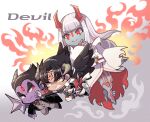  1girl 2boys angry bandages barefoot black_coat black_hair black_shirt black_wings blue_skin blunt_bangs chain chibi coat collared_shirt colored_skin demon_boy demon_wings devil_jin forehead_jewel full-body_tattoo gloves grey_hair grey_jacket grey_pants grimace heterochromia horns jacket japanese_clothes kazama_jin kimono kotorai long_hair mishima_kazumi_(tekken) mishima_kazuya multiple_boys necktie no_nose pants punching purple_skin red_eyes red_gloves red_horns red_nails red_necktie scar scar_on_cheek scar_on_face shirt short_hair smile tattoo tekken thick_eyebrows white_kimono wide_sleeves wings yellow_eyes 