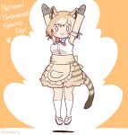  1girl animal_ears apron arms_up bow bowtie brown_hair coroha elbow_gloves extra_ears full_body gloves jumping kemono_friends kemono_friends_3 looking_at_viewer orange_background shirt shoes short_hair shorts simple_background sleeveless sleeveless_shirt socks solo tail tasmanian_tiger_(kemono_friends) tiger_ears tiger_girl tiger_tail 