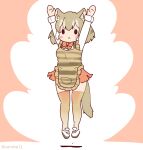  1girl animal_ears apron arms_up bow bowtie coroha extra_ears full_body grey_hair jumping kemono_friends kemono_friends_3 looking_at_viewer pink_background shirt shoes short_hair simple_background skirt solo tail thigh-highs thylacine_(kemono_friends) 