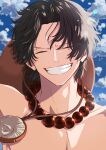  1boy bead_necklace beads black_hair closed_eyes cowboy_hat freckles hat hat_on_back highres jewelry male_focus necklace one_piece portgas_d._ace smile solo topless_male 