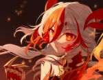  1girl animal_hands bare_shoulders chinese_clothes claws closed_mouth detached_sleeves eyeliner fire fu_hua fu_hua_(garuda) gloves hair_between_eyes highres honkai_(series) honkai_impact_3rd long_hair looking_at_viewer low-tied_long_hair low_twintails makeup multicolored_hair red_eyeliner red_eyes red_gloves red_scales redhead scales solo streaked_hair symbol-shaped_pupils twintails two-tone_hair very_long_hair white_hair yellow_pupils zhaonan 