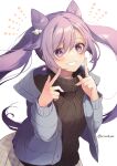  1girl black_sweater breasts cone_hair_bun double_bun genshin_impact grey_jacket hair_bun hair_ornament highres jacket keqing_(genshin_impact) kinatsu_k long_hair long_sleeves looking_at_viewer purple_hair smile solo sweater teeth twintails violet_eyes 