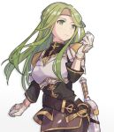  1girl armor breastplate brown_hairband closed_mouth commentary_request fire_emblem fire_emblem:_the_sacred_stones gloves gold_trim green_eyes green_hair haconeri hairband long_hair sheath sheathed shoulder_armor simple_background smile solo sword syrene_(fire_emblem) weapon white_background white_gloves 