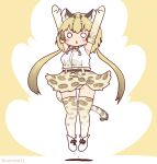  1girl animal_ears arms_up belt blonde_hair bow bowtie brown_background cat_ears cat_girl cat_tail coroha elbow_gloves extra_ears full_body gloves jumping kemono_friends kemono_friends_3 long_hair looking_at_viewer ocelot_(kemono_friends) shirt shoes simple_background skirt sleeveless sleeveless_shirt solo tail thigh-highs twintails 