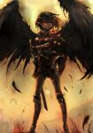  1girl absurdres alternate_costume armor bird_wings black_feathers black_hair black_thighhighs black_wings commentary english_commentary feathers full_body gewitter8 highres holding holding_sword holding_weapon looking_at_viewer mask pointy_ears red_eyes shameimaru_aya short_hair solo standing sword tengu_mask thigh-highs touhou weapon wings 