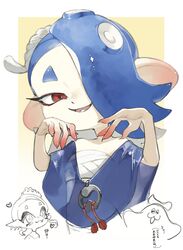  1boy 2girls a_a2001214 absurdres bare_shoulders big_man_(splatoon) blue_hair blue_shawl chest_sarashi commentary_request frye_(splatoon) gradient_background hair_over_one_eye heart highres lower_teeth_only medium_hair multiple_girls open_mouth pointy_ears red_eyes sarashi shawl shiver_(splatoon) splatoon_(series) splatoon_3 star-shaped_pupils star_(symbol) symbol-shaped_pupils teeth tentacle_hair thick_eyebrows translation_request two-tone_background white_background yellow_background 