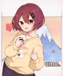  1girl absurdres blush earrings flower food food_print hair_ornament hairclip highres holding holding_food jewelry long_sleeves looking_at_viewer mount_fuji mountain onigiri onigiri_print open_mouth original pants plum_blossoms rageno0000 red_eyes redhead romaji_text short_hair smile solo 