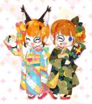  2girls animal_ears blue_eyes brown_hair caracal_(kemono_friends) cat_ears cat_girl closed_eyes extra_ears hair_ornament indie_virtual_youtuber irodori_mayoi japanese_clothes kemono_friends kemono_friends_v_project kikuchi_milo kimono long_hair looking_at_viewer multiple_girls one_eye_closed orange_hair ribbon simple_background virtual_youtuber 