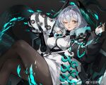  1girl aqua_eyes aqua_wings arknights between_breasts black_wings breasts dress feathered_wings fingerless_gloves gloves hair_between_eyes head_wings ho&#039;olheyak_(arknights) hood hooded_coat infection_monitor_(arknights) large_breasts snake_girl weibo_7689612664 wings 