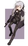  1girl ak-12 ak-12_(girls&#039;_frontline) amonitto assault_rifle belt black_footwear black_gloves black_pantyhose black_shirt black_shorts boots closed_eyes closed_mouth full_body girls_frontline gloves grey_hair gun hand_up holding holding_gun holding_weapon jacket jacket_on_shoulders kalashnikov_rifle long_hair long_sleeves pantyhose partially_fingerless_gloves pouch rifle shirt shorts smile snap-fit_buckle solo weapon 