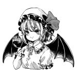  1girl bat_wings closed_mouth collared_shirt cropped_torso cup drinking_glass frilled_shirt_collar frilled_sleeves frills greyscale hair_between_eyes hat holding holding_cup kourou_(kouroukun) light_smile looking_at_viewer mob_cap monochrome puffy_short_sleeves puffy_sleeves remilia_scarlet ribbon-trimmed_sleeves ribbon_trim shirt short_sleeves simple_background solo touhou upper_body wine_glass wings 