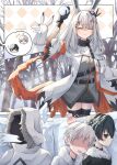  +++ 1girl 1other 2boys ^_^ anger_vein animal_ear_fluff animal_ears arknights black_hair black_skirt black_thighhighs closed_eyes coat dizzy ear_ornament faust_(arknights) frostnova_(arknights) fur-trimmed_hood fur_trim grey_shirt hair_ornament hairclip head_bump highres holding_snowball hood hood_up long_hair mephisto_(arknights) multiple_boys multiple_head_bumps open_clothes open_coat rabbit_ears rabbit_girl shaded_face shirt short_hair skirt smile snowball snowball_fight sweatdrop thigh-highs white_coat ws_snow yeti_caster_leader_(arknights) 