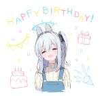 1girl animal_ears blue_archive blue_halo blue_overalls braid closed_eyes earpiece facing_viewer fake_animal_ears grey_hair halo happy_birthday highres long_hair miyako_(blue_archive) one_side_up open_mouth osisio overalls rabbit_ears simple_background smile solo sweater upper_body white_background white_sweater 