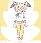  1girl arms_up bird_girl bird_tail bird_wings blonde_hair common_gull_(kemono_friends) coroha feathered_wings full_body head_wings jumping kemono_friends kemono_friends_3 long_hair looking_at_viewer multicolored_hair necktie shirt shoes simple_background skirt solo tail thigh-highs two-tone_hair white_hair wings yellow_background 