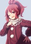  1girl anna_(fire_emblem) blue_background commentary finger_to_own_chin fire_emblem fire_emblem_engage hand_on_own_hip high_ponytail highres jacket looking_at_viewer medium_hair minamonochaba one_eye_closed open_mouth red_eyes red_jacket redhead scarf simple_background smile solo white_scarf 