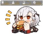  +_+ 1girl amonitto bow burger chibi closed_mouth cropped_torso eating food food_on_face gameplay_mechanics girls_frontline gloves hair_bow hands_up holding holding_food notice_lines red_eyes short_hair single_glove solo spas-12_(girls&#039;_frontline) twintails upper_body white_background white_hair 