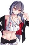  1girl bare_shoulders black_jacket black_shorts breasts casual clothes_writing collarbone commentary_request cropped_jacket fu_hua fu_hua_(herrscher_of_sentience) fur-trimmed_shorts fur_trim grey_hair hair_between_eyes hand_up highres honkai_(series) honkai_impact_3rd jacket long_hair long_sleeves multicolored_hair navel off_shoulder open_clothes open_jacket pyeong-il_pyeongil red_eyes short_shorts shorts sideboob simple_background smile solo stomach streaked_hair tank_top v white_background white_hair white_tank_top yellow_pupils 