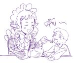  2boys ^_^ affectionate aged_down alternate_costume baby bowl closed_eyes crossdressing dungeon_meshi elf enmaided feeding happy holding holding_bowl holding_spoon looking_at_another maid maid_headdress male_focus male_maid monochrome multiple_boys munanrener pointy_ears purple_theme simple_background sketch spoon thistle_(dungeon_meshi) upper_body yaad_(dungeon_meshi) 
