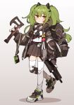  1girl amonitto axe backpack bag black_coat black_gloves black_necktie black_skirt blush breasts calico_m950 chest_harness closed_mouth coat earpiece fingerless_gloves full_body girls_frontline gloves green_hair gun harness holding holding_axe holding_gun holding_weapon id_card knee_pads long_hair looking_at_viewer m950a_(girls&#039;_frontline) necktie open_clothes open_coat orange_eyes pouch sailor_collar school_bag shirt shoes single_knee_pad skirt small_breasts sneakers solo thigh-highs torn_clothes torn_thighhighs trigger_discipline walking weapon white_shirt white_thighhighs 