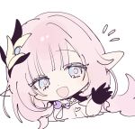  1girl :d black_gloves blue_eyes c_uino chibi commentary_request cropped_torso elysia_(honkai_impact) gloves hand_up highres honkai_(series) honkai_impact_3rd long_hair looking_at_viewer notice_lines pink_hair pointy_ears simple_background smile solo white_background 