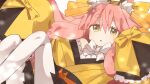  1girl animal_ear_fluff animal_ears bow bowtie braided_sidelock fate/samurai_remnant fate_(series) fox_ears fox_girl highres japanese_clothes kimono obi pantyhose pink_hair sash shitada_ovo short_eyebrows short_kimono sleeves_past_fingers sleeves_past_wrists solo tamamo_(fate) tamamo_aria_(fate) white_bow white_bowtie white_pantyhose yellow_bow yellow_eyes yellow_kimono 