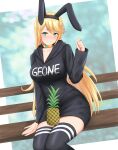  1girl absurdres animal_ears bench black_hoodie black_thighhighs blonde_hair blush choker clothes_writing commission commissioner_upload food fruit geone green_eyes hand_on_chair highres hood hoodie keiizumi light_smile long_hair looking_at_viewer pineapple rabbit_ears thigh-highs vrchat 
