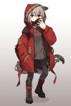  1girl amonitto animal_ears arknights bandana black_pants boots breasts brown_footwear coat full_body gradient_background grey_hair grey_shirt hand_in_pocket hand_up hood hood_up hooded_coat open_clothes open_coat pants projekt_red_(arknights) red_coat respirator shirt short_hair small_breasts solo standing tail wolf_ears wolf_girl wolf_tail 