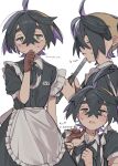  1boy ahoge alternate_costume apron black_dress black_hair blush closed_eyes crossed_bangs dress enmaided gloves hair_between_eyes hato_popo_37 highres holding holding_tray kieran_(pokemon) maid male_focus mole mole_on_neck multiple_views name_tag open_mouth otoko_no_ko partially_fingerless_gloves pokemon pokemon_sv purple_hair red_gloves short_sleeves simple_background single_glove sweat tears translation_request tray white_apron white_background 