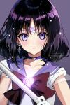  1girl absurdres bishoujo_senshi_sailor_moon black_hair brooch choker earrings elbow_gloves gloves highres holding jewelry koharumichi lips magical_girl purple_sailor_collar purple_skirt sailor_collar sailor_saturn short_hair skirt solo star_(symbol) star_brooch star_choker tomoe_hotaru violet_eyes white_gloves 