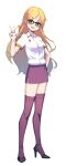  1girl alternate_costume blonde_hair full_body glasses grand_summoners high_heels highres liza_(grand_summoners) long_hair miniskirt puppuppa purple_skirt skirt solo thigh-highs uniform v zettai_ryouiki 