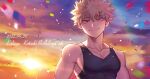  bakugou_katsuki black_tank_top blonde_hair boku_no_hero_academia closed_mouth highres male_focus multiple_boys muscular muscular_male red_eyes seoltang_(nitro_sugar) short_hair smile spiky_hair sunset tank_top 