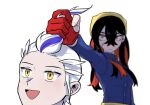 1boy 1girl black_hair blue_jacket blurry blurry_background buttons carmine_(pokemon) closed_mouth colored_inner_hair commentary_request crossed_bangs dda_sso drayton_(pokemon) eyelashes fingerless_gloves gloves grabbing_another&#039;s_hair hairband jacket korean_commentary long_hair multicolored_hair open_mouth pokemon pokemon_sv purple_hair red_gloves redhead short_hair simple_background slit_pupils streaked_hair sweat two-tone_hair white_background white_hair yellow_eyes yellow_hairband 