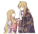  1boy 1girl armor blonde_hair brother_and_sister closed_mouth commentary_request drop_earrings earrings eldigan_(fire_emblem) fire_emblem fire_emblem:_genealogy_of_the_holy_war gloves gold_trim haconeri hand_on_another&#039;s_face jewelry lachesis_(fire_emblem) long_hair sheath sheathed shoulder_armor siblings simple_background sword weapon white_background white_gloves yellow_eyes 