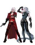  2girls absurdres black_gloves blue_eyes blue_saden breasts coat dante_(devil_may_cry) devil_may_cry_(series) ebony_&amp;_ivory fingerless_gloves genderswap genderswap_(mtf) gloves gun hair_over_one_eye highres holding holding_weapon jacket multiple_girls simple_background smile vergil_(devil_may_cry) weapon white_hair 