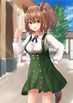  1girl :d absurdres animal_ears aston_machan_(umamusume) breasts brown_hair casual cowboy_shot glasses green_eyes green_skirt hair_ornament hair_scrunchie highres horse_ears horse_girl horse_tail kinomiyakaede large_breasts long_skirt long_sleeves looking_at_viewer neck_ribbon red-framed_eyewear red_scrunchie ribbon scrunchie shirt side_ponytail skirt smile solo suspenders tail umamusume v white_shirt 