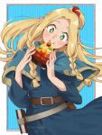  1girl artist_name belt_pouch biting blonde_hair blue_background blue_capelet blue_dress blush book_holster braid capelet cowboy_shot dress dungeon_meshi eating edomon-do elf floating_hair food green_eyes hands_up head_tilt highres holding holding_food hood hood_down hooded_capelet long_hair long_sleeves looking_at_viewer marcille_donato outside_border parted_bangs pie pie_slice pointy_ears ponytail pouch solo twin_braids 