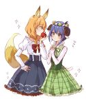  2girls absurdres animal_ears blonde_hair blue_hair blue_skirt blush bow bowtie chibana_sumika commentary corset dress flower_wreath food fox_ears fox_tail from_side fruit glasses green_dress green_eyes highres holding holding_food holding_fruit horns juliet_sleeves long_hair long_sleeves looking_to_the_side mamiya_kanoko morizu929 multiple_girls plaid plaid_dress puffy_sleeves red_bow red_bowtie sheep_horns shirt sidelocks simple_background skirt symbol-only_commentary tail watashi_no_yuri_wa_oshigoto_desu! white_background white_shirt 