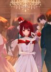  1girl 6+others absurdres arima_kana closed_mouth dress flower gloves hat highres looking_at_viewer medium_hair multiple_others oshi_no_ko red_eyes redhead rose short_hair standing white_dress white_gloves xiang_yu_pai 