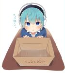  1boy blue_eyes blue_hair blue_sweater box cardboard_box collared_shirt headphones mole mole_under_eye original os_(os_fresa) shirt short_hair solo sweater translation_request twitter_username white_shirt 