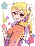  1girl alternate_costume blonde_hair drill_hair earrings fire_emblem fire_emblem_awakening floral_print gogatsu_(yeaholiday) hair_ribbon highres japanese_clothes jewelry kimono looking_at_viewer maribelle_(fire_emblem) nail_polish open_mouth pink_nails red_eyes ribbon smile solo upper_body 