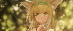  1girl animal_ears arknights blonde_hair blue_hairband blurry blurry_background blush colored_tips commentary english_commentary fox_ears fox_girl frilled_hairband frills green_eyes gumiaoandpeace hairband highres long_hair looking_at_viewer multicolored_hair neck_ribbon parted_lips portrait red_ribbon ribbon solo suzuran_(arknights) suzuran_(spring_praise)_(arknights) two-tone_hair white_hair 