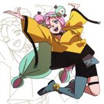 1girl ;d absurdres arms_up black_shorts bow-shaped_hair character_hair_ornament commentary_request full_body green_hair hair_ornament highres iono_(pokemon) jacket katayama_daiki long_hair low-tied_long_hair multicolored_hair one_eye_closed open_mouth pink_eyes pink_hair pokemon pokemon_sv sharp_teeth shorts smile teeth thigh_strap twintails two-tone_hair white_background wide_sleeves yellow_jacket zoom_layer 