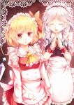  2girls :o alternate_costume apron ascot back_bow blonde_hair bow braid closed_eyes collared_shirt cowboy_shot crystal enmaided facing_another flandre_scarlet frilled_apron frilled_ascot frilled_shirt_collar frilled_skirt frilled_sleeves frills grey_hair happy heart highres izayoi_sakuya juliet_sleeves kanzakietc large_bow long_sleeves maid maid_apron maid_headdress medium_hair multiple_girls one_side_up open_mouth puffy_short_sleeves puffy_sleeves shirt short_sleeves simple_background skirt touhou twin_braids white_apron white_bow white_shirt wings wrist_cuffs yellow_ascot 