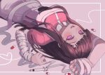  1girl :d apron bandaged_arm bandages breasts brown_hair danganronpa_(series) danganronpa_2:_goodbye_despair grey_apron grey_background highres ibushi_(kuyuru_29) large_breasts long_hair looking_at_viewer lower_teeth_only lying nurse on_back pill pink_eyes pink_shirt shirt smile solo syringe teeth tongue tsumiki_mikan two-tone_shirt white_apron white_shirt 